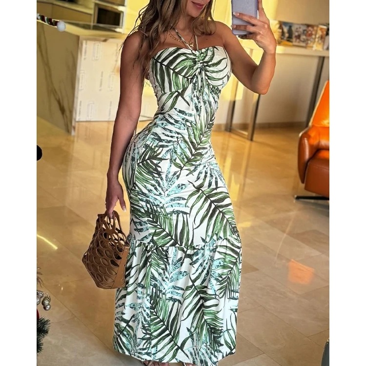 Exotic Print Ruched Maxi Dress