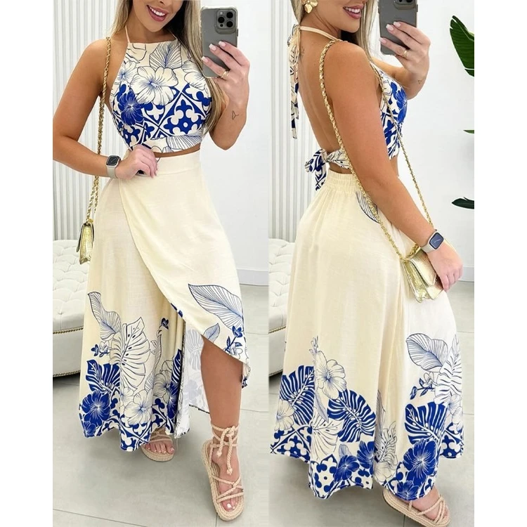 2PCS/Set Tropical Print Halter Top & Slit Skirt Set