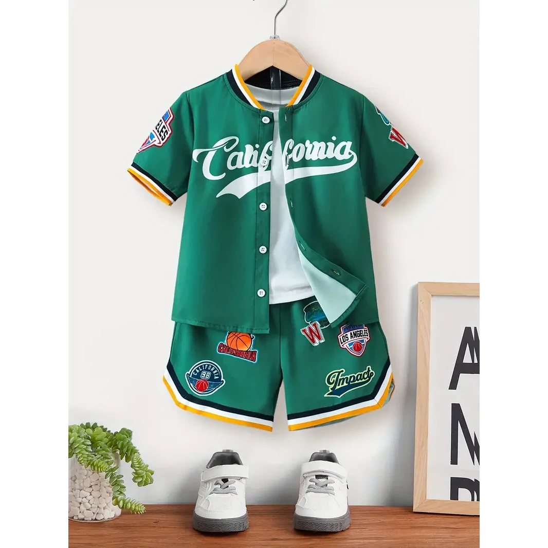 Boys' 2-Piece Letter Print Baseball Jacket & Shorts Set – Cool Summer Outfit